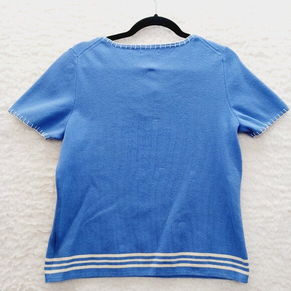 Sweater Blouse Size M Blue Stripe Tie Sailorcore Resort Coastal Grandma Preppy - Picture 3 of 13